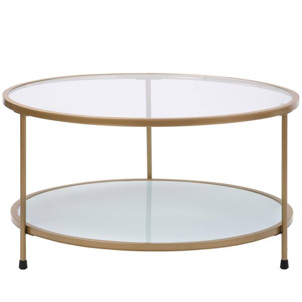 Contemporary Round Design Tempered Glass End Table with Matte Gold Frame 