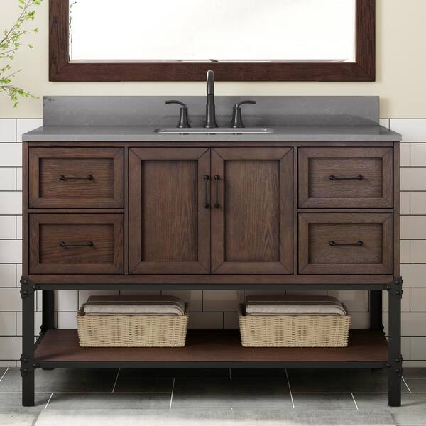 Home Decorators Collection Alster 48 in. Single Sink Brown Oak Bath Vanity with Gray Quartz Marble Top (Assembled)