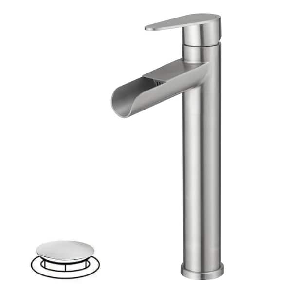 BWE Waterfall Single Hole Single Handle Bathroom Vessel Sink Faucet with Drain Assembly in Brushed Nickel
