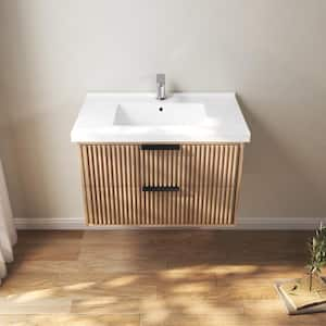 VLeaf 30 in. W x 19 in. D x 19 in. H Single Sink Wall Hung Bath Vanity Cabinet in Weather Fir with White Ceramic Top