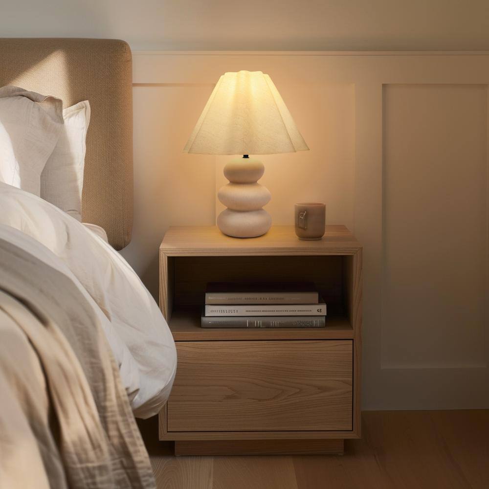 Tall White Ceramic Table Lamp with Beige Linen Shade