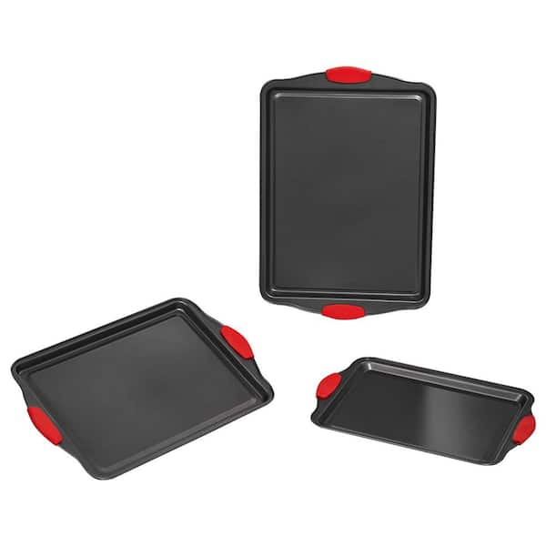 3-Piece Nonstick Baking Pan Set, Carbon Steel Oven Trays with Silicone Handles, Easy-Clean Cookware Set