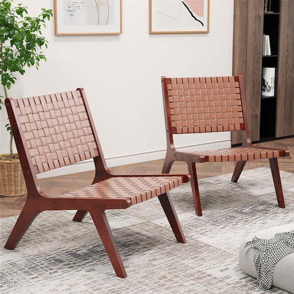 Brown Woven Leather Accent Chair Mid Century Rubber Wood Armless Side Chair
