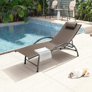 1-Piece Aluminum Adjustable Outdoor Chaise Lounge with Headrest in Brown