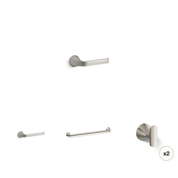 Cursiva Brushed Nickel Bathroom Set: Toilet Paper Holder, Robe Hook, Towel Arm, 24 in. Towel Bar