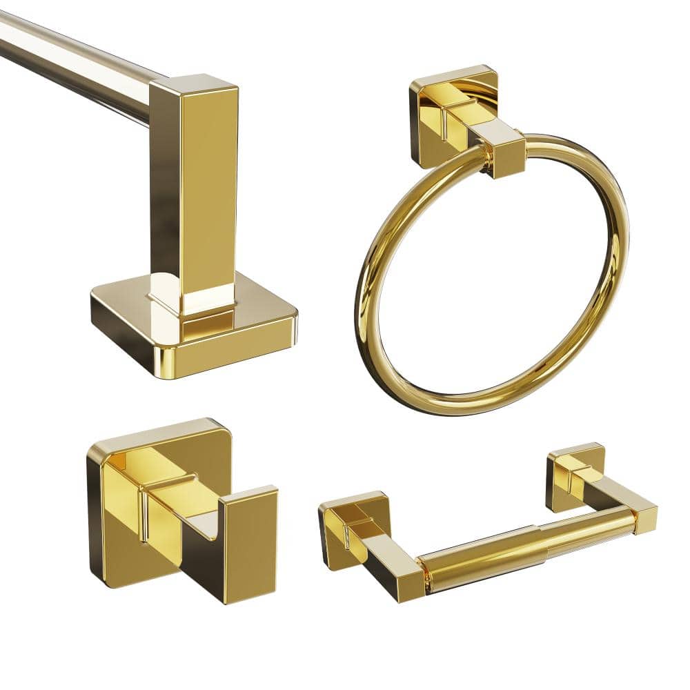 Gold Bathroom Hardware Set, 4-Piece Rectangular Bath Accessories with Towel Rack Bar, Ring, Holder, Hook price history on PriceWatchPro