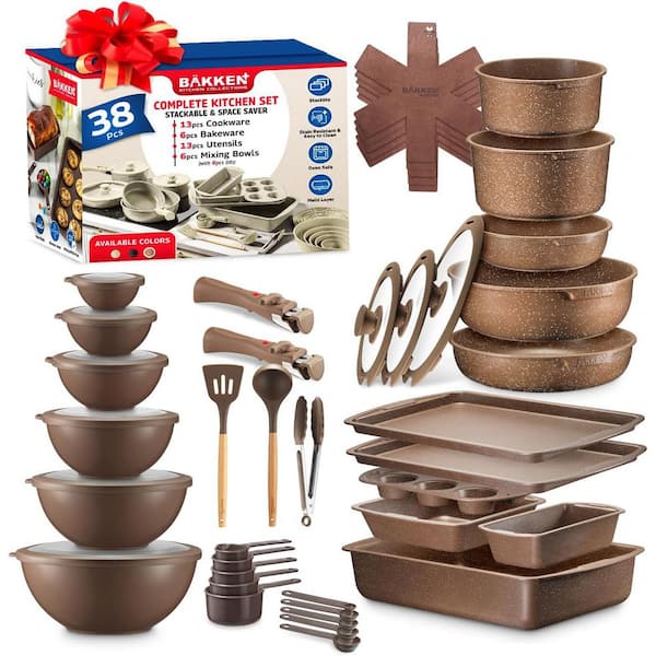 38-Piece Nonstick Granite Coating, Pots and Pans with Detachable Handle and Tempered Glass Lids, Brown