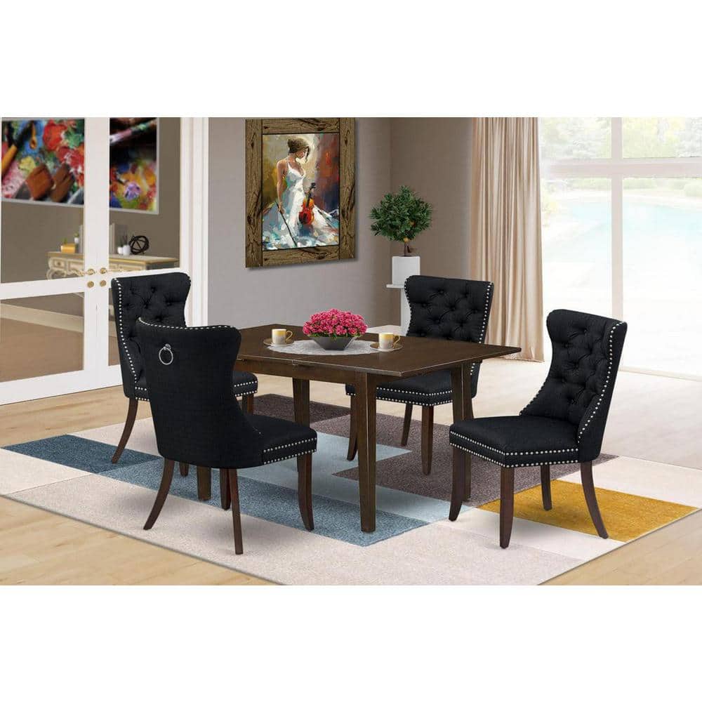 5-Piece Mahogany Finish Solid Wood Top - Rectangular Upholstered Dining Room Set with Butterfly Leaf - Seats 4