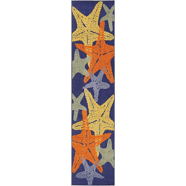 Nourison Aloha Blue Multicolor 2 ft. x 6 ft. Nature-inspired Contemporary Indoor/Outdoor Area Rug