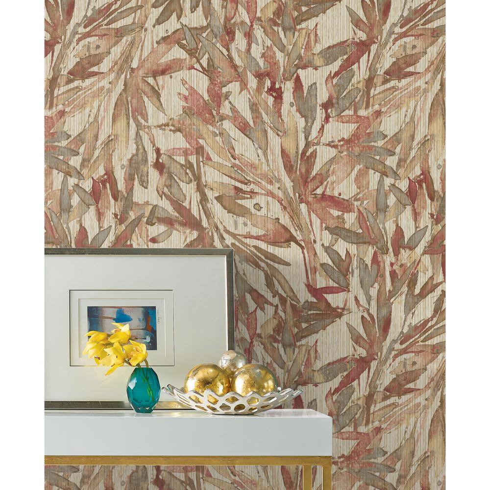 Red and Warm Gray Tropical Leaf Vinyl Wallpaper