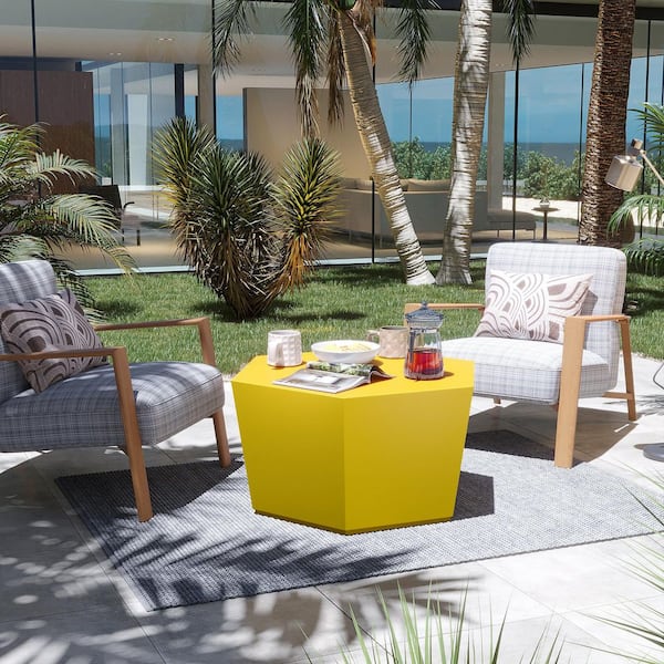 28 in. Lemon Yellow Hexagon Concrete Outdoor Coffee Table, Patio Conversation Table