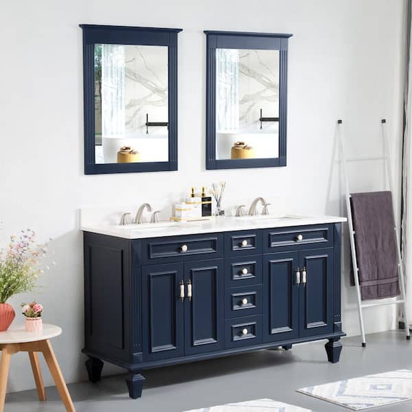 Artwood 60 in. W x 22 in. D x 35 in. H Bath Vanity in Navy Blue with Carrera White Vanity Top with Double White Basin