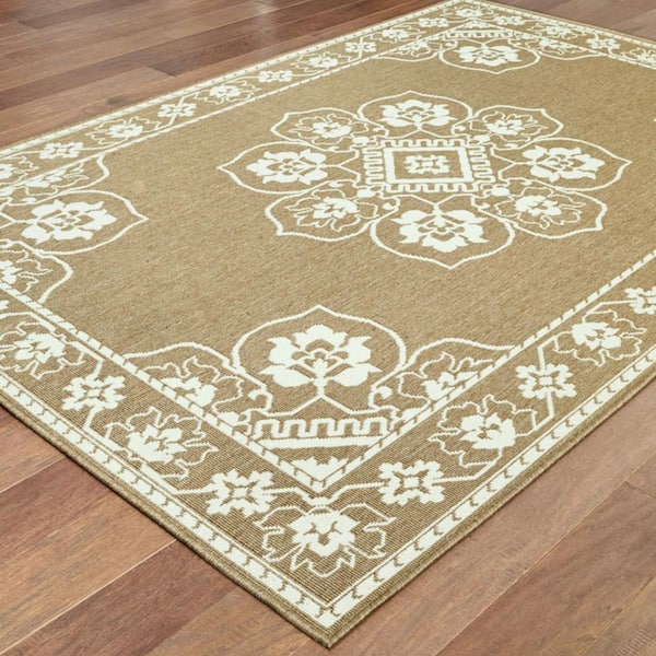 Tan 2 ft. x 4 ft. Loomed Oriental Polypropylene Rectangle Indoor/Outdoor Area Rug