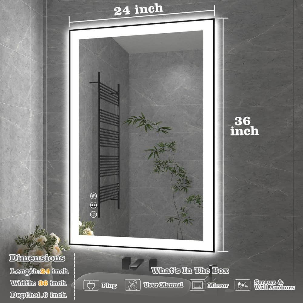 24x36 Inch Black Aluminum LED Vanity Mirror with Anti-Fog