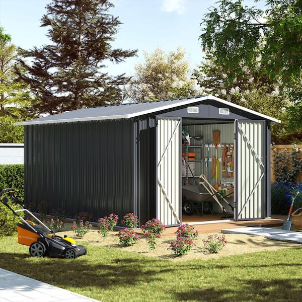 Sizzim 12 ft. W x 10 ft. D Outdoor Black Metal Storage Shed with 4