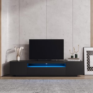 78.74 in. Black Wood TV Stand TV Cabinet Media Console Table Fits TV's up to 80 in. With LED Lights and Drawers