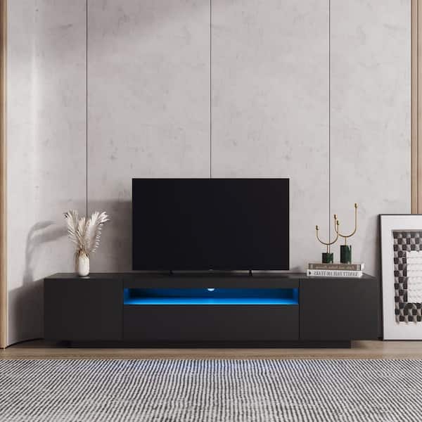 Clihome 78.74 in. Black Wood TV Stand TV Cabinet Media Console Table Fits TV's up to 80 in. With LED Lights and Drawers