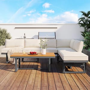 3-Piece Metal Outdoor Sectional Multi-Functional Sofa Set with Height-adjustable Seating,Coffee Table and Beige Cushions