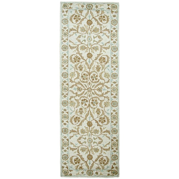 Unbranded Crypt Blue Ivory 2 ft. 6 in. x 8 ft. Floral Wool Runner Rug