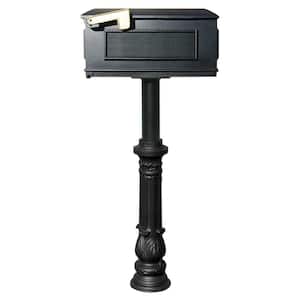 Hanford Black Single Post System Non-Locking Mailbox with Ornate Base and Lewiston Mailbox