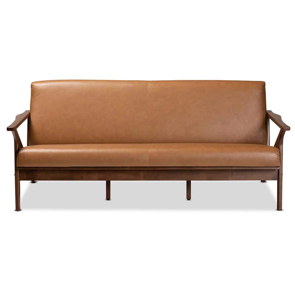 Bianca 72" Tan Faux Leather and Walnut Wood Sofa