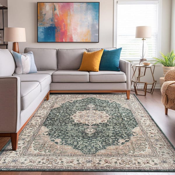 Traditional Oriental Medallion Washable Non Slip Green 3 ft. x 5 ft. Area Rug