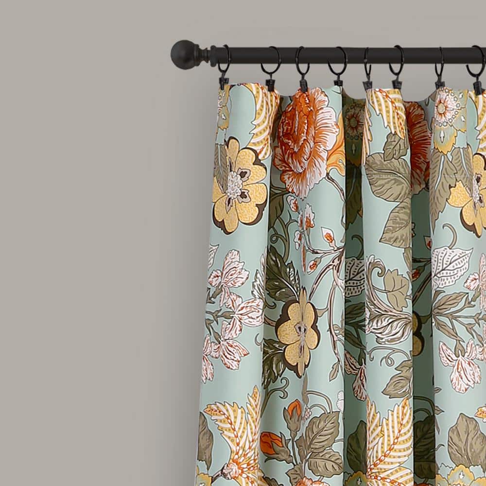 Sydney Blue Green Floral Blackout Polyester Curtain Panels, Set of 2