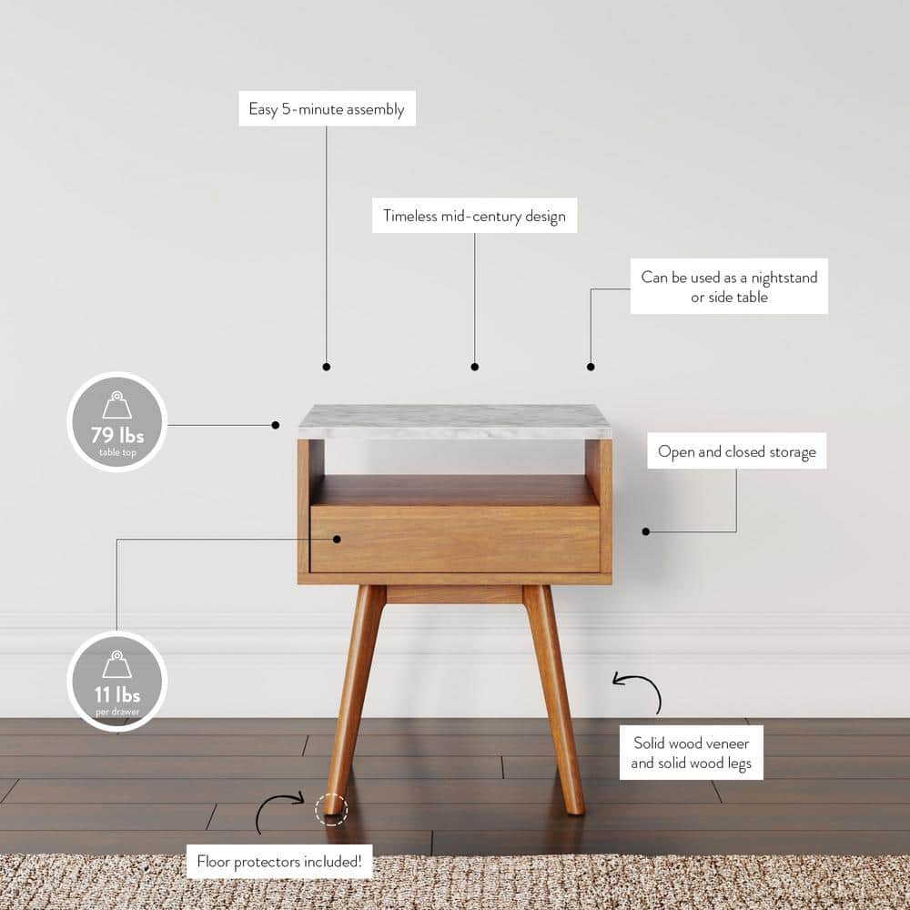 Nathan James Mid-Century Walnut and Faux Marble Storage End Tables