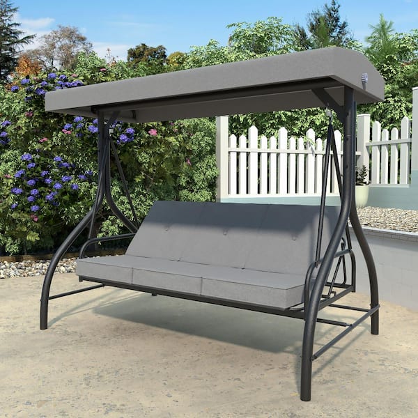 VEIKOUS 3-Person Patio Swing With Converting and Adjustable Canopy and Upgraded Thickened Cushions in Gray