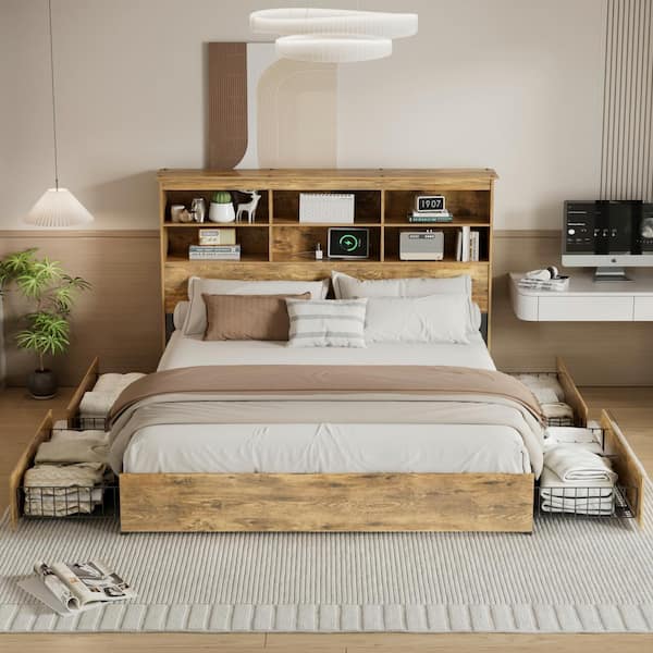 Bed Frame with Storage Headboard, Brown Metal Frame Full Platform Bed with 4 Drawers, Charging Station and Metal Slats