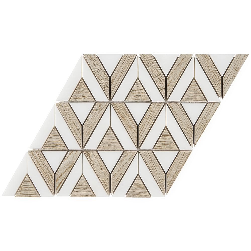 Wooden Beige and White Geometric Marble Mosaic Tile Sheet