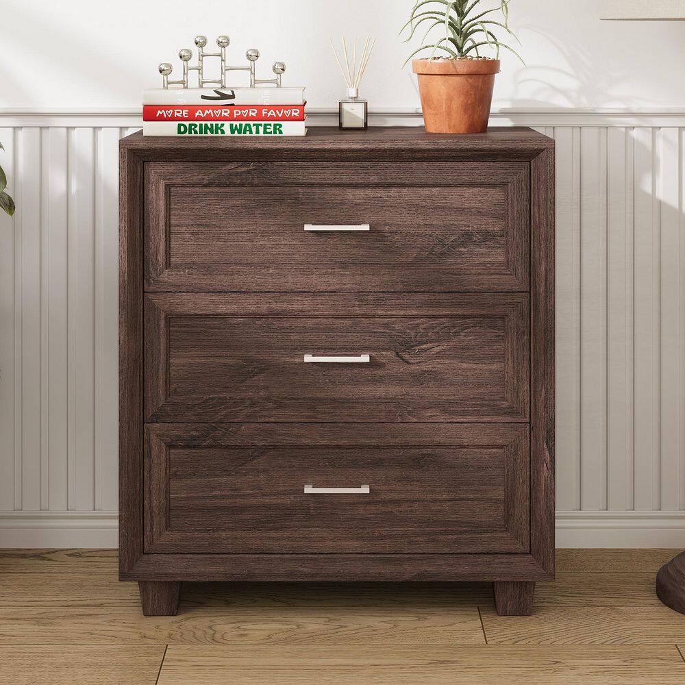 31.4 in. Walnut Rectangle Wood End Table with 3 Drawers, Metal Handles, Vintage Sofa Side Table Nightstand with Storage