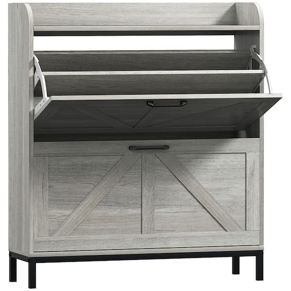 Shoe Storage Cabinet with 2-Flip Drawers, Legs, Farmhouse Freestanding Narrow Shoe Cabinet, Slim Hidden Rack
