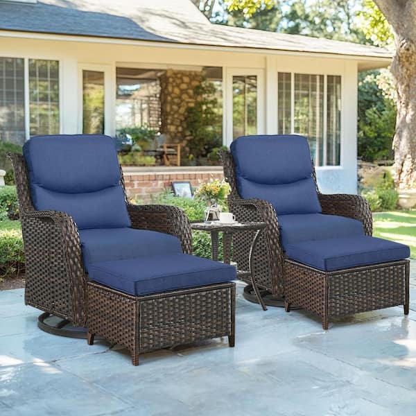 Opohoro Crescent Brown 5-Piece Wicker Swivel Rocker Patio Conversation Set with 5 in. Thick Navy Blue Cushions and Ottomans