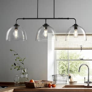 3-Light Black Shaded Pendant Light with Transparent Glass Shade, Moder Chandeliers for Dining Room