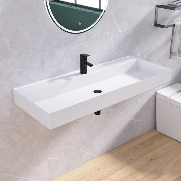 MEDUNJESS 47 in. x 19 in. Solid Surface Wall-Mounted Bathroom Vessel Sink in White with Faucet Hole