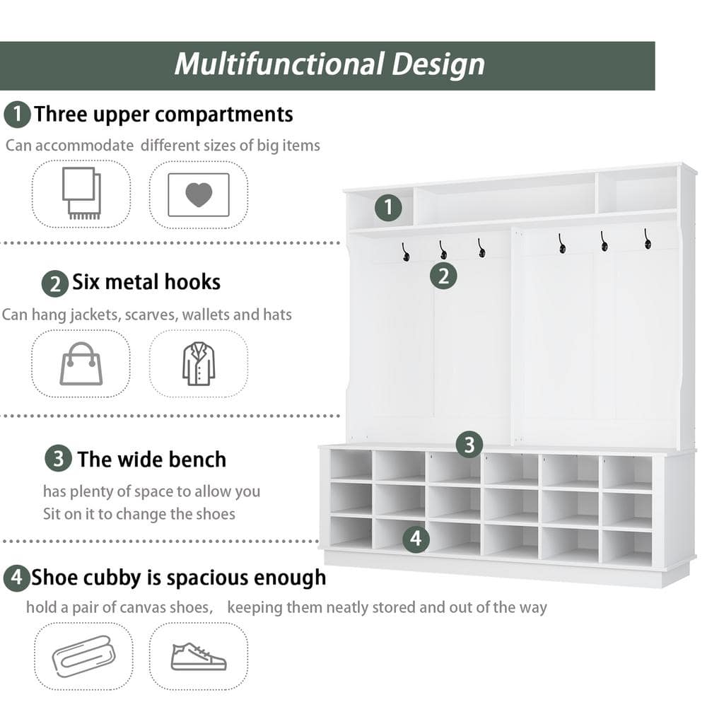 White MDF Wide Hall Tree with Shoe Cubbies and Hooks