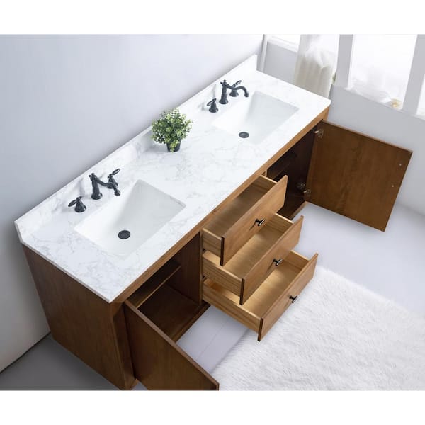 Vanity Art 72 in. W x 21.5 in. D x 34 in. H Double Sink Bathroom Vanity in Tan with Arabescato White Engineered Marble Top