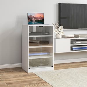 Media Cabinet, 4-Tier, Freestanding Shelf Tower with Adjustable Shelves, Tempered Glass Doors, Distressed White