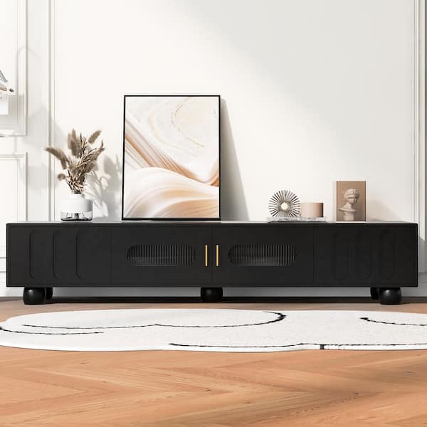 Black 80 in. Modern Wood TV Stand with Glass Doors and 2 Drawers, Solid Wood Legs, for Living Room(Max TV Size 80 in.)