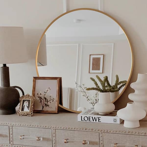 Sxiawe 24.1 in. W x 24.1 in. H Gold Round Aluminum Alloy Frame Bathroom Mirror Vanity Wall Mirror