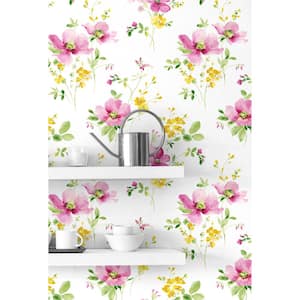 30.75 sq. ft. Cerise Pink and Marigold Watercolor Windflower Vinyl Peel and Stick Wallpaper Roll