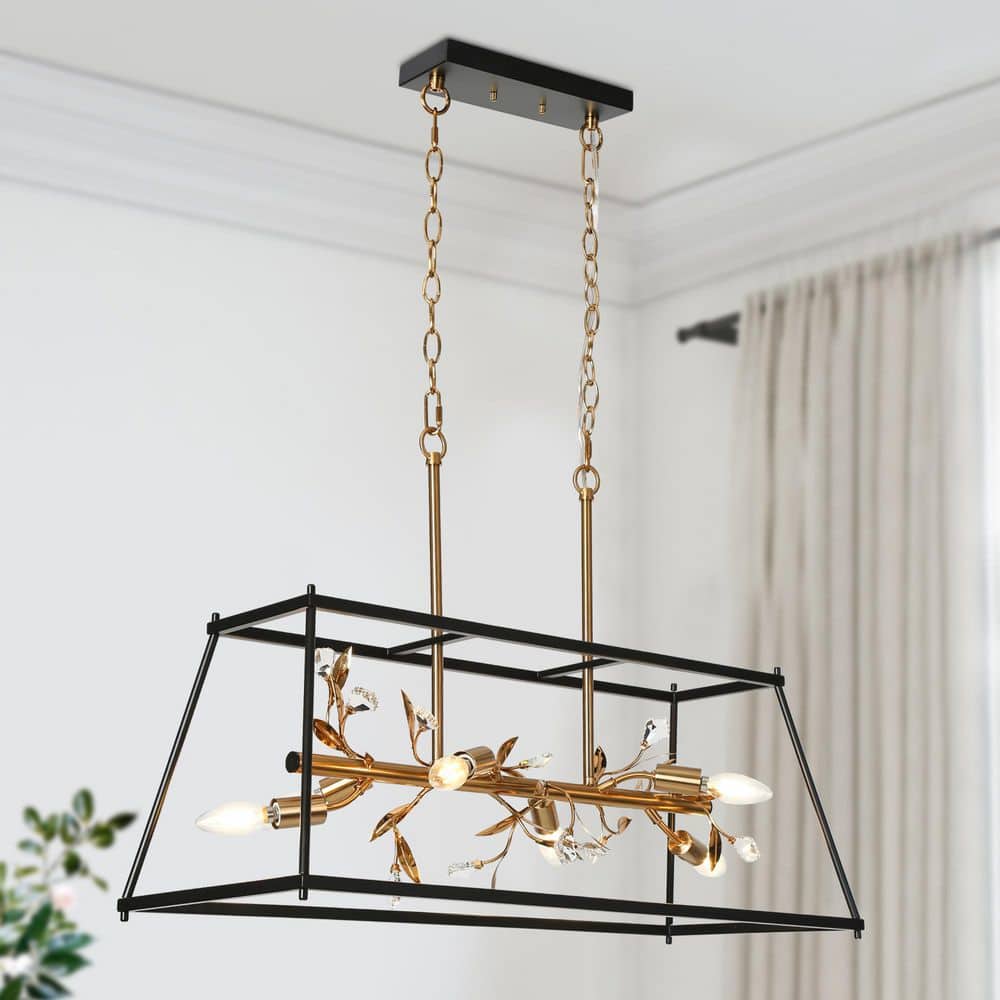 31.5 in. W Moden Island Chandelier 6-Light Matte Black and Plating Brass Linear Cage Crystal Chandelier for Kitchen price history on PriceWatchPro