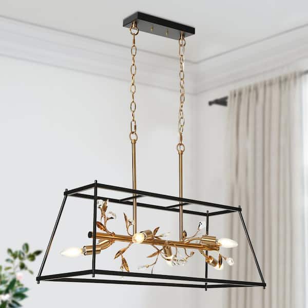 LNC 31.5 in. W Moden Island Chandelier 6-Light Matte Black and Plating Brass Linear Cage Crystal Chandelier for Kitchen