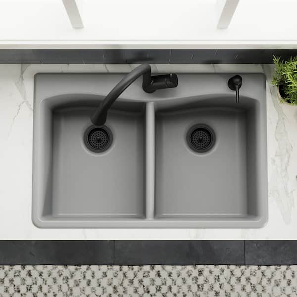 KOHLER Kennon Neoroc Matte Grey Granite Composite 33 in. 1 Hole Double Bowl Drop In Undermount Kitchen Sink K RH8185 1 CM4