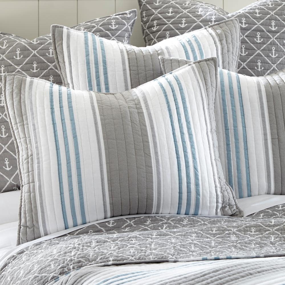 Provincetown Twin Gray and Blue Cotton Reversible Quilt