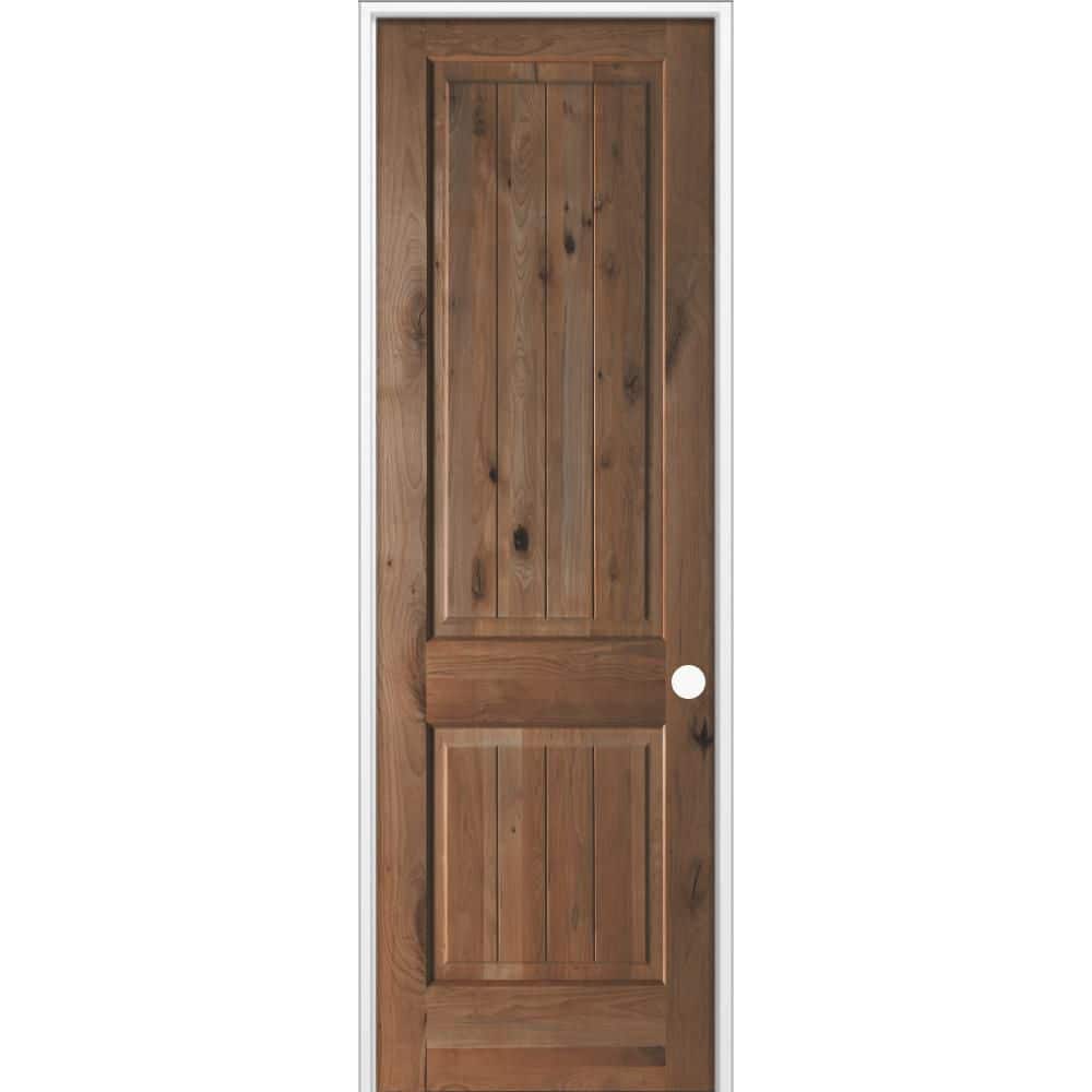 30 in. x 96 in. Knotty Alder 2-Panel V-Groove Solid Wood Left-Hand BEHR True Black Stain Single Prehung Interior Door price history on PriceWatchPro