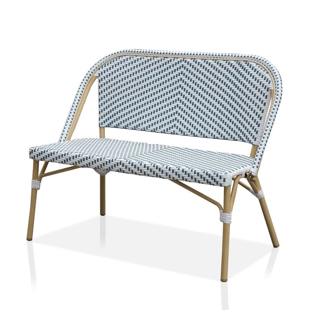Janele natural tone and blue wicker outdoor loveseat, 3/4 view.