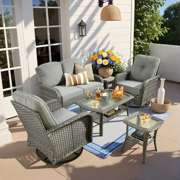 Caodoc Gray 5-Piece Swivel Wicker Outdoor Lounge Chair Sofa Set with Dark Gray Cushions and 2 Table for Patio, Garden (2-Pack)