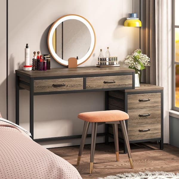 Cassey 51 in. Rectangular Gray Wood 5 Drawer Computer Desk, Reversible Office Desk Study Writing Desk